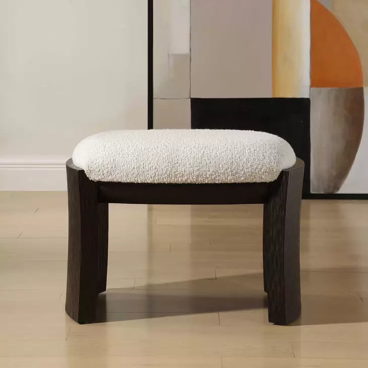 Port Texture White and Walnut Upholstered Small Accent Bench