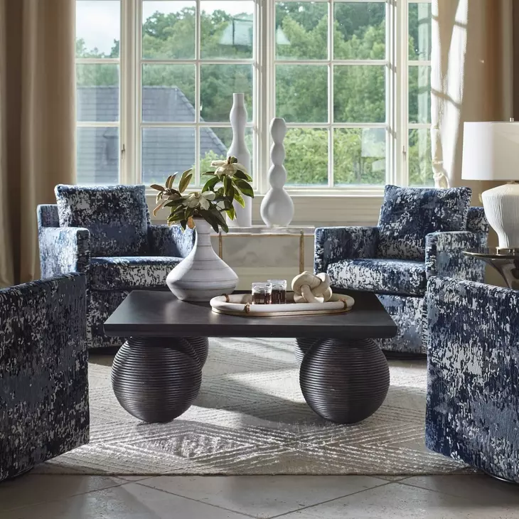 Oakley Indigo and White Upholstered Swivel Glider Accent Chair