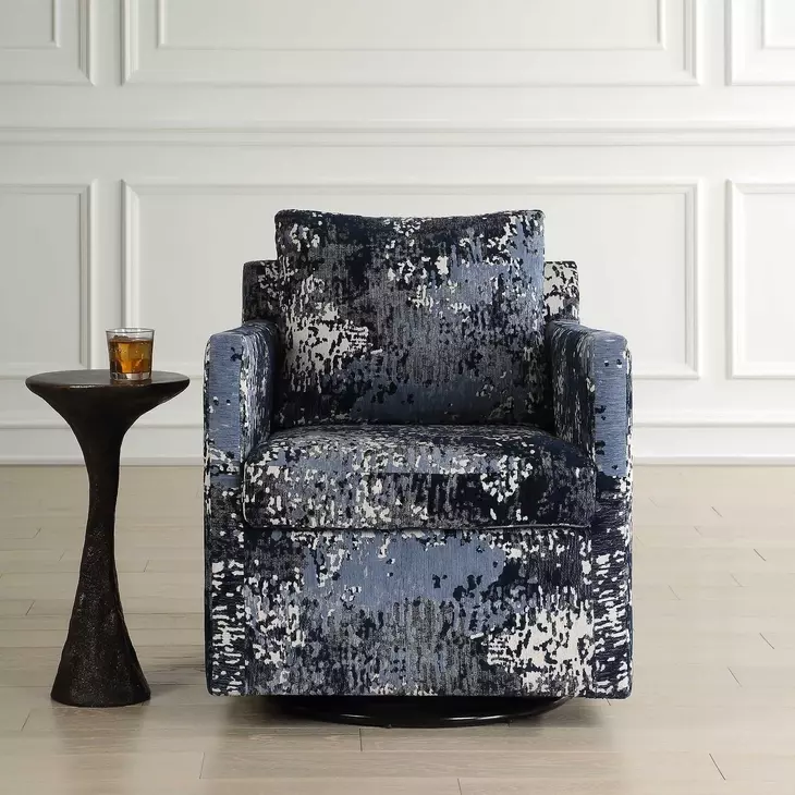 Oakley Indigo and White Upholstered Swivel Glider Accent Chair