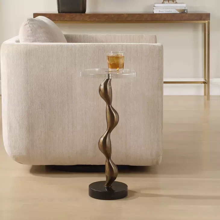 Remolino Warm Bronze and Black Round Crystal Top Drink Table
