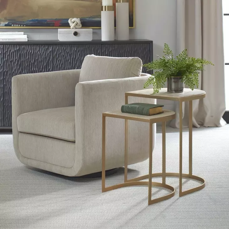 Langston Gold and Beige D Shape Travertine Top Nesting Table Set of 2