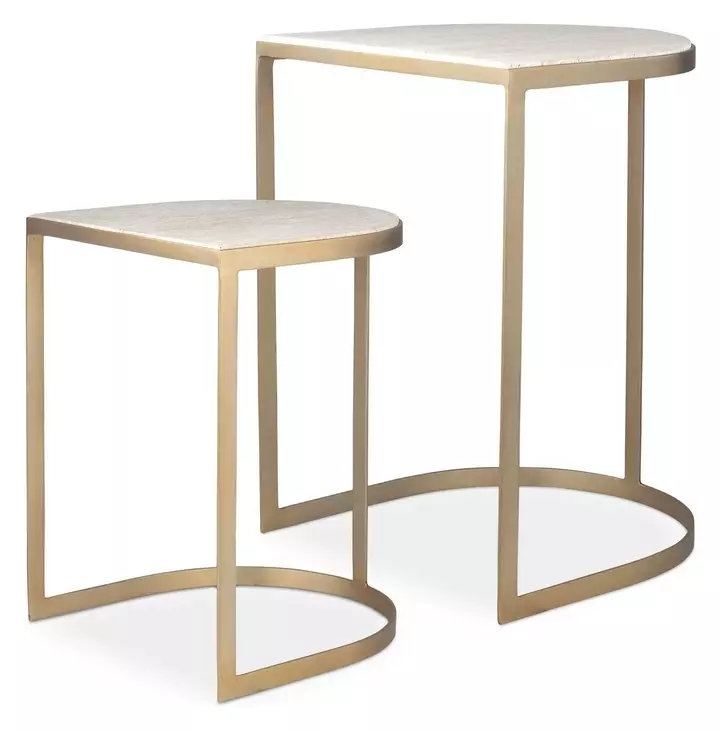 Langston Gold and Beige D Shape Travertine Top Nesting Table Set of 2