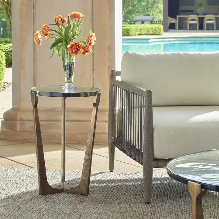 Riverton Antique Brass Outdoor Round Glass Top Accent Table