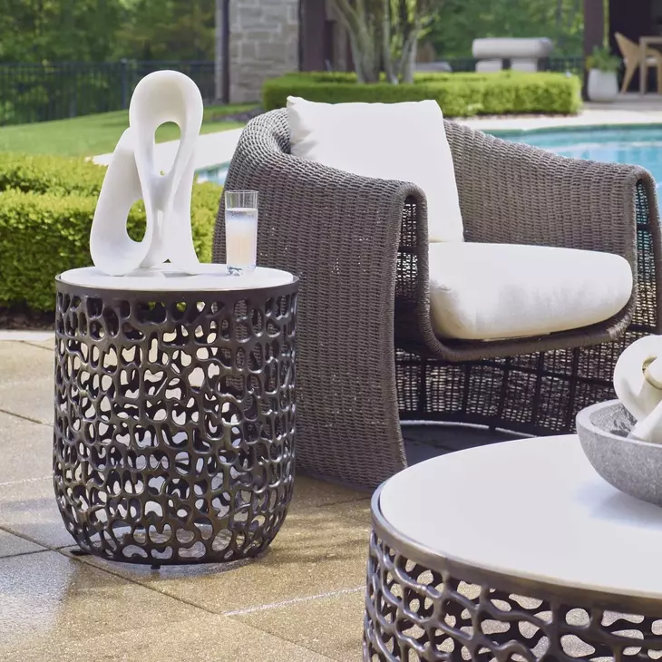 Belmont Dark Bronze and White Round Outdoor Marble Top Side Table