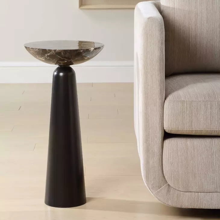 Somerset Dark Bronze and Emperador Brown Round Marble Top Accent Table