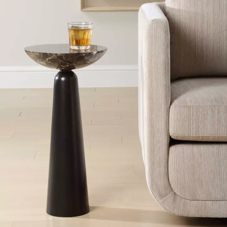 Somerset Dark Bronze and Emperador Brown Round Marble Top Accent Table