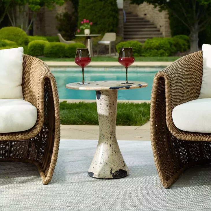 Arlington Limestone and Black Outdoor Round Stone Top Side Table