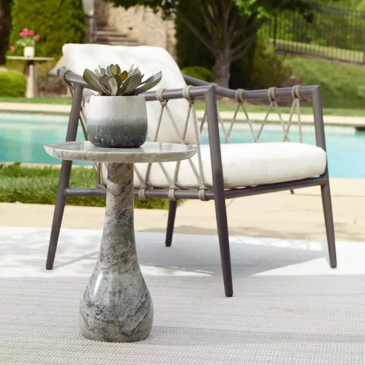 Grafton Warm Brown and Creamy White Outdoor Round Marble Top Accent Table