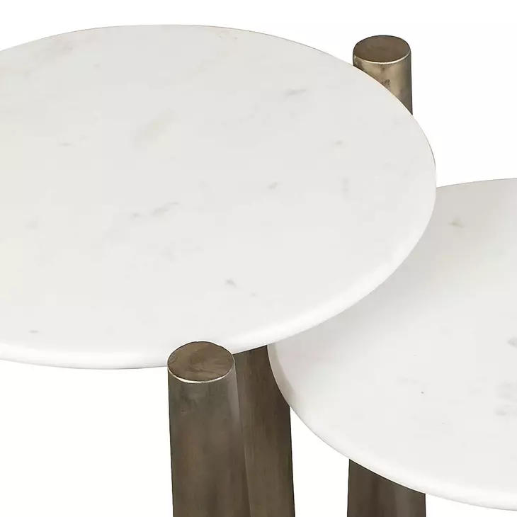 Claridge White and Antique Gold Round Marble Top Nesting Table Set of 2