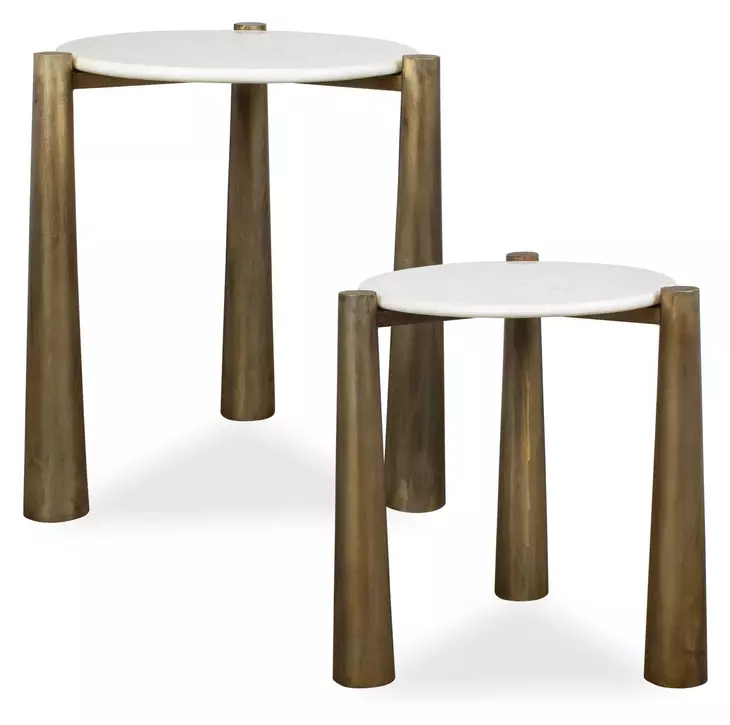 Monterey White and Antique Gold Round Marble Top Nesting Table Set of 2