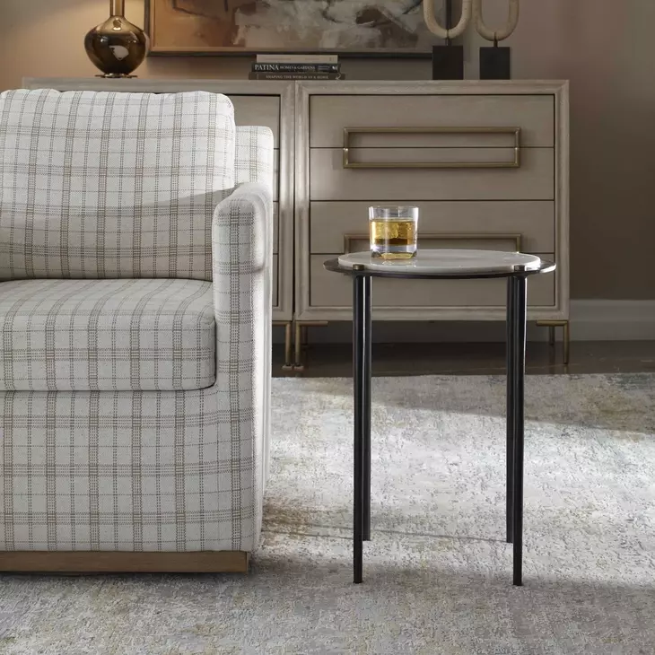 Wren White and Dark Bronze Round Marble Top Accent Table