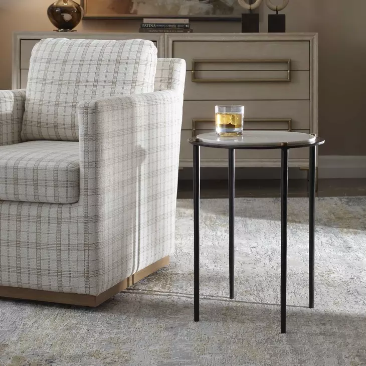Wren White and Dark Bronze Round Marble Top Accent Table