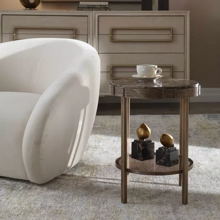 Belmont Antique Brass and Dark Brown Round Marble Top Accent Table