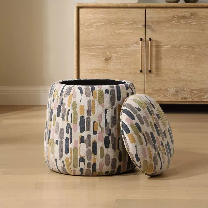 Hamilton White and Gray Upholstered Round Storage Ottoman