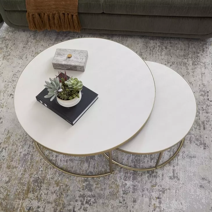 Aragon Brass and White Round Nesting Coffee Table Set of 2