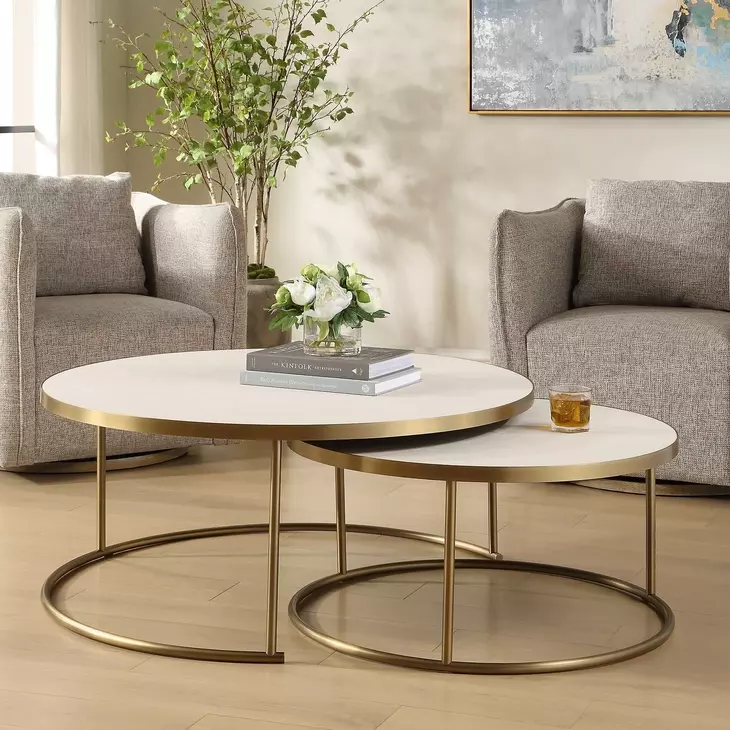 Aragon Brass and White Round Nesting Coffee Table Set of 2