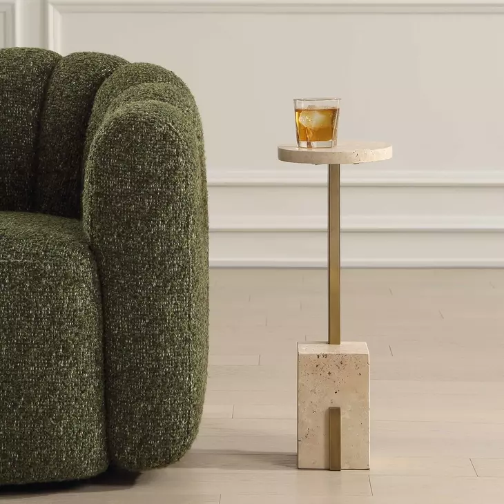 Hamilton Beige and Brass Oval Travertine Top Accent Table