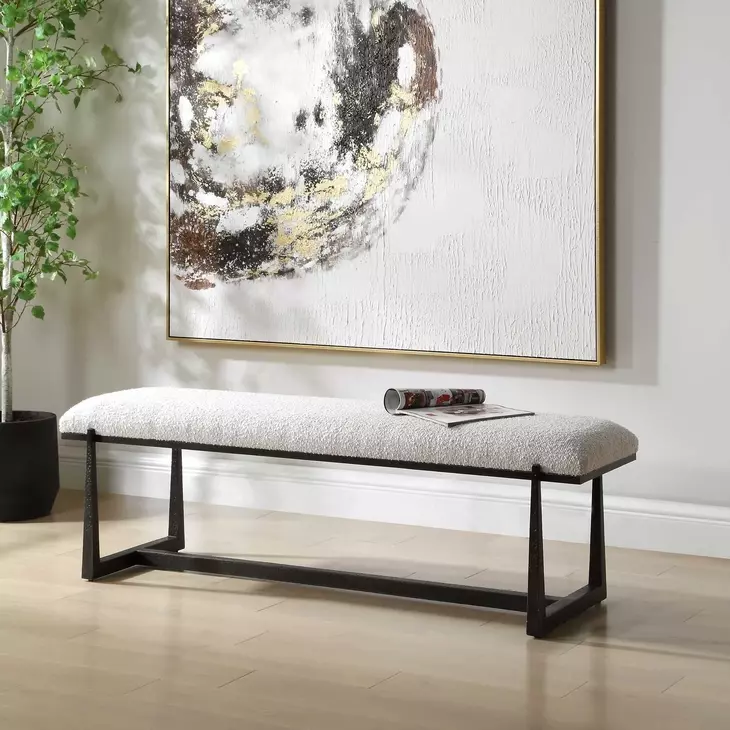 Midas White and Bronze Upholstered Long Accent Bench