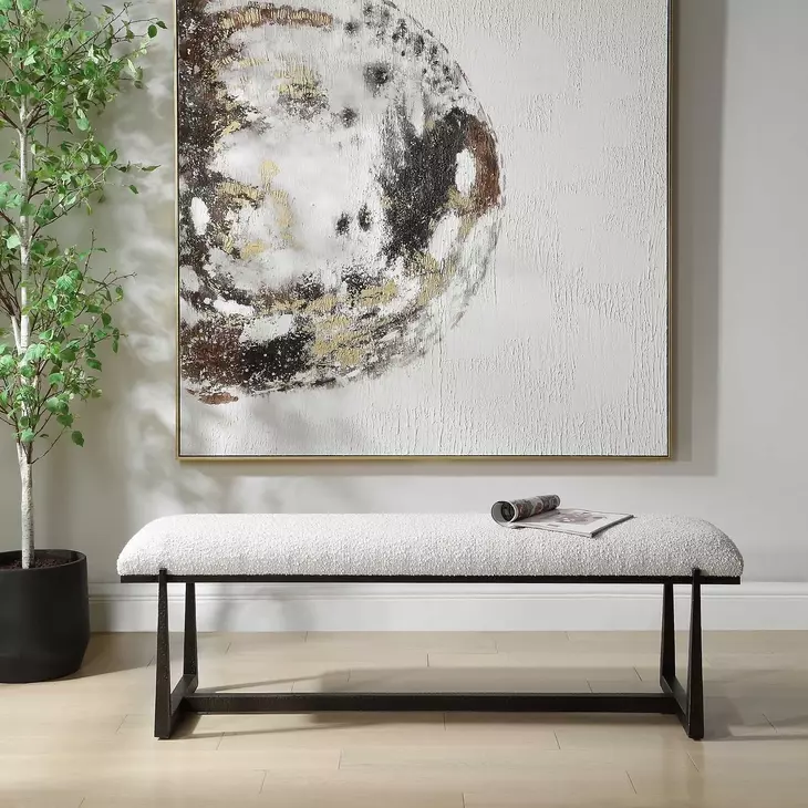 Midas White and Bronze Upholstered Long Accent Bench