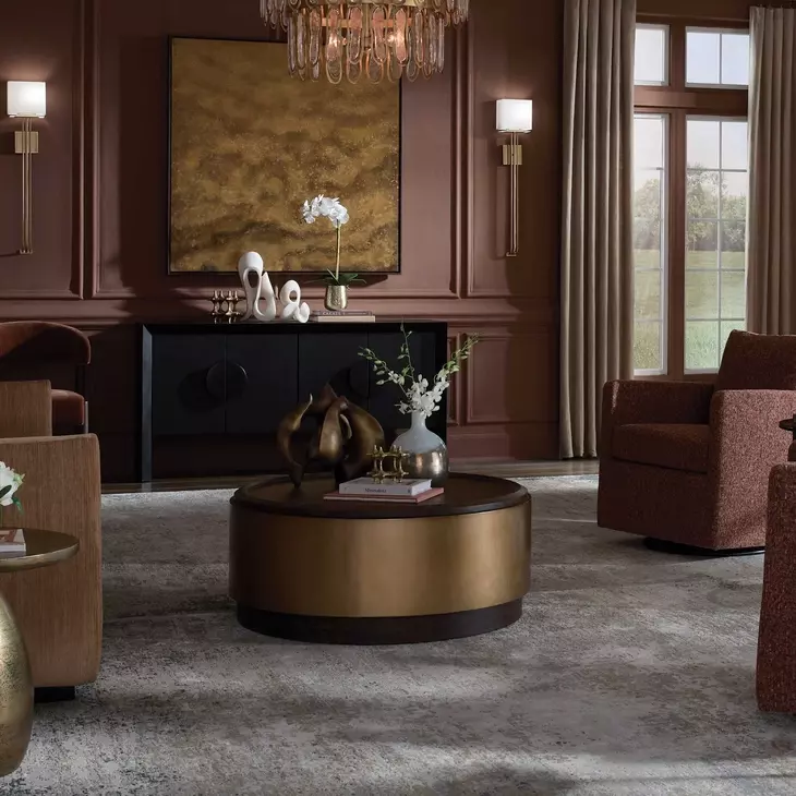 Oakley Antique Brass and Brown Round Coffee Table