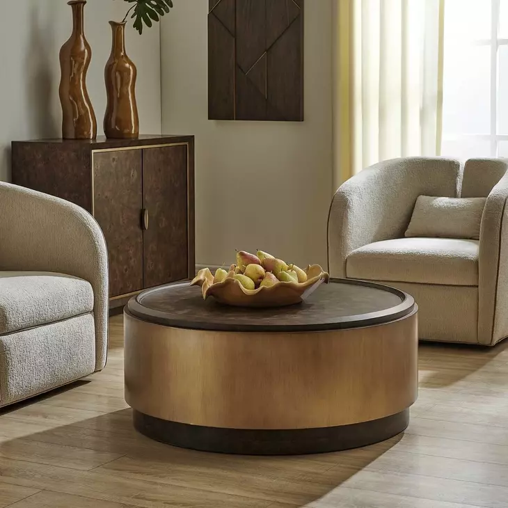 Oakley Antique Brass and Brown Round Coffee Table