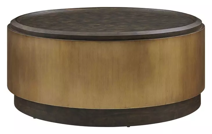 Oakley Antique Brass and Brown Round Coffee Table