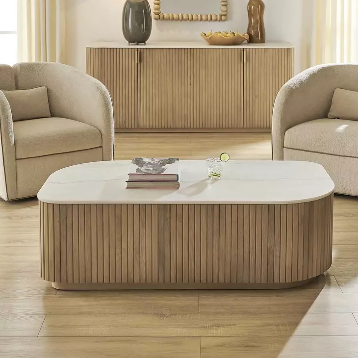 Riverton White and Warm Natural Rectangular Marble Top Coffee Table