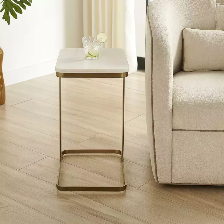 Tylan White and Warm Brass Rectangular Marble Top Accent Table