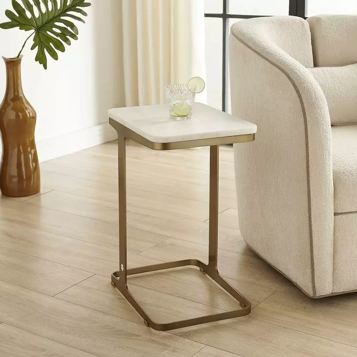 Tylan White and Warm Brass Rectangular Marble Top Accent Table