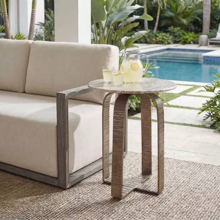 Belmont Antique Champagne and Brown Outdoor Round Marble Top Side Table