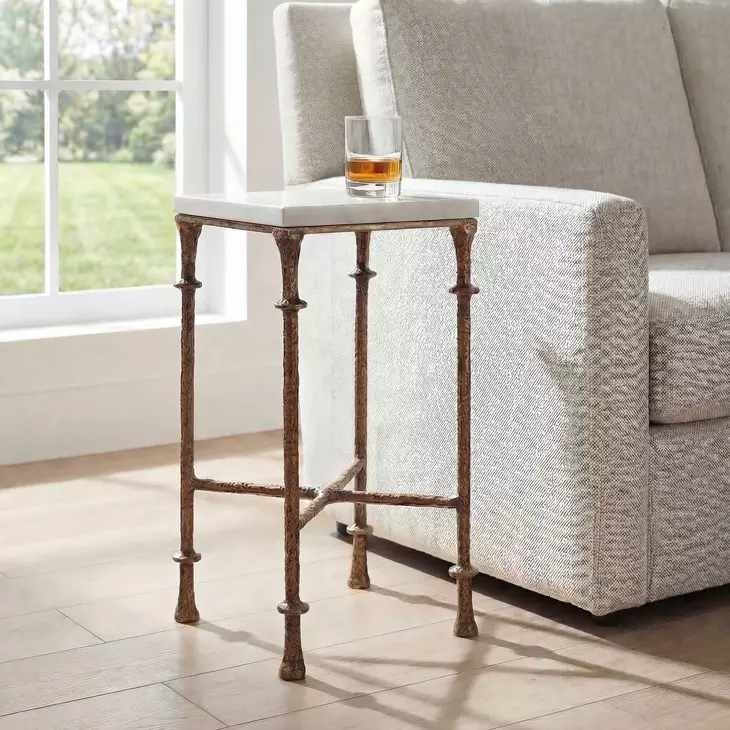 Somerset Antique Brass and White Square Marble Top Accent Table