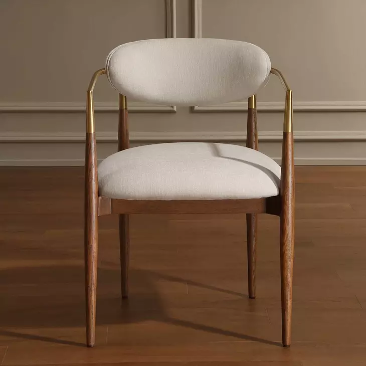 Alden Off White and Walnut Upholstered Dining Arm Chair