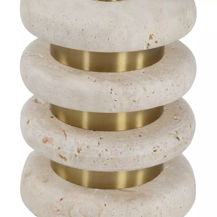 Adames Brushed Brass and White Round Travertine Top Drink Table