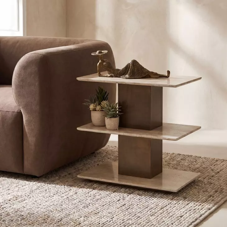 Riverton Brass and Brown Rectangular Travertine Top Accent Table