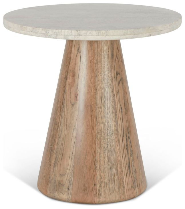 Caldera Light Oak and White Travertine Top Round Side Table