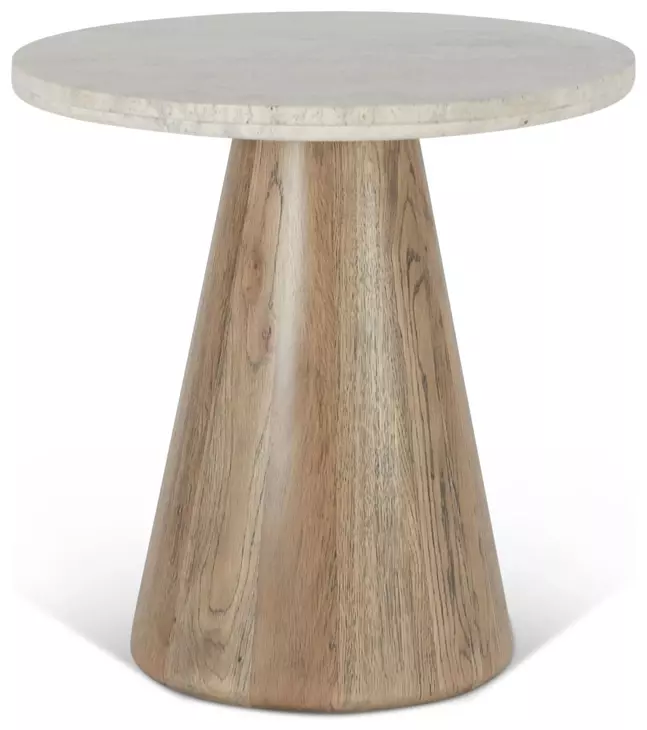 Caldera Light Oak and White Travertine Top Round Side Table