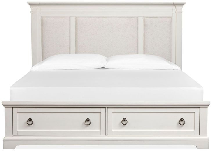 Crownfall Whisper White and Cerused Nutmeg Upholstered Storage Panel Bedroom Set