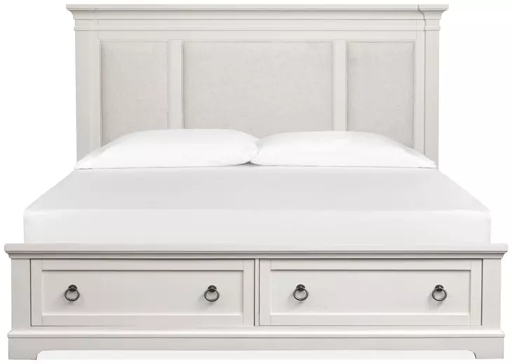 Crownfall Whisper White and Cerused Nutmeg Queen Upholstered Storage Panel Bed