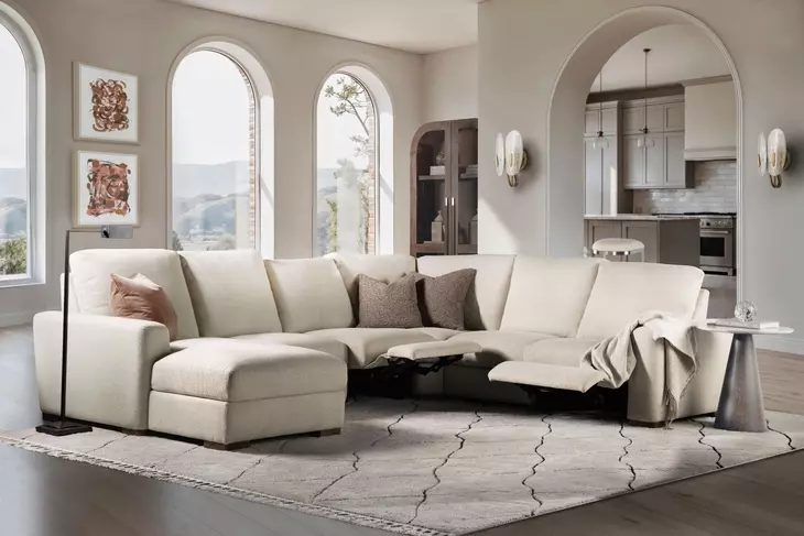 Live Beautifully Beige Performance Fabric 5 Piece Modular Power Reclining Optimus Sectional with Power Headrest