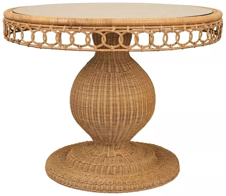 Gabrielle Natural Rattan 40" Dining Table With Decorative Apron And Glass Top