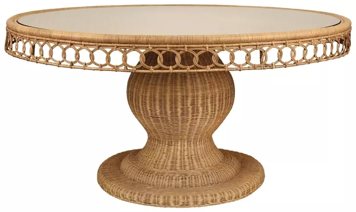 Gabrielle Natural Rattan 60" Dining Table With Decorative Apron And Glass Top