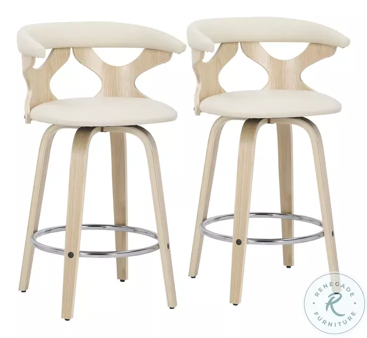 Gardenia Cream PU And Chrome With Natural Wood Swivel Counter Height Stool Set of 2