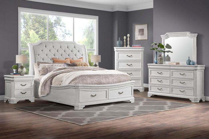 Lyndhurst Vintage White and Beige Upholstered Storage Sleigh Bedroom Set