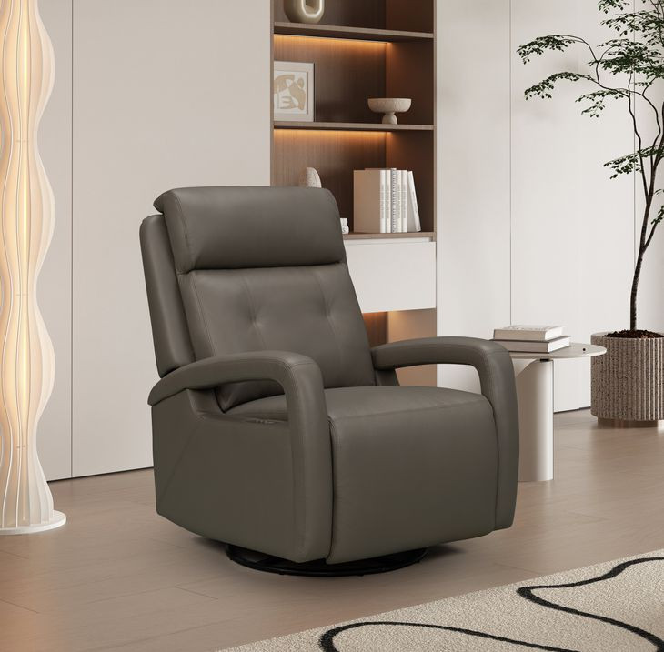 Gilbert Lynn Smokey Gray Leather Swivel Glider Triple Power Recliner with Power Lumbar and USB Charging