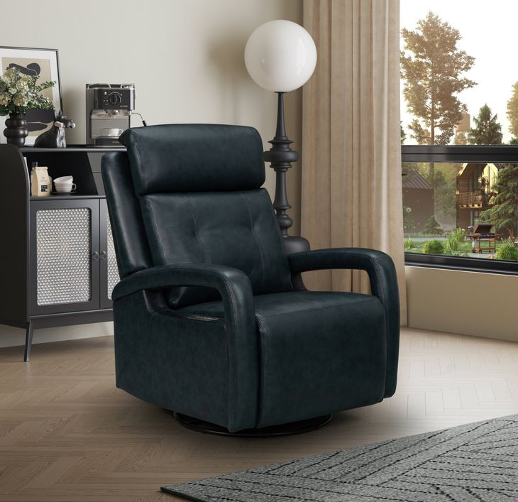 Gilbert Traci Midnight Blue Leather Swivel Glider Triple Power Recliner with Power Lumbar and USB Charging