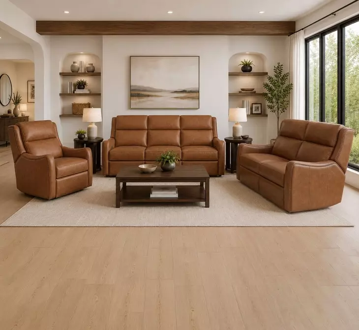 Channing Renaissance Cinnamon Leather Zero Gravity Triple Power Reclining Living Room Set with Nailhead Trim and USB Charging