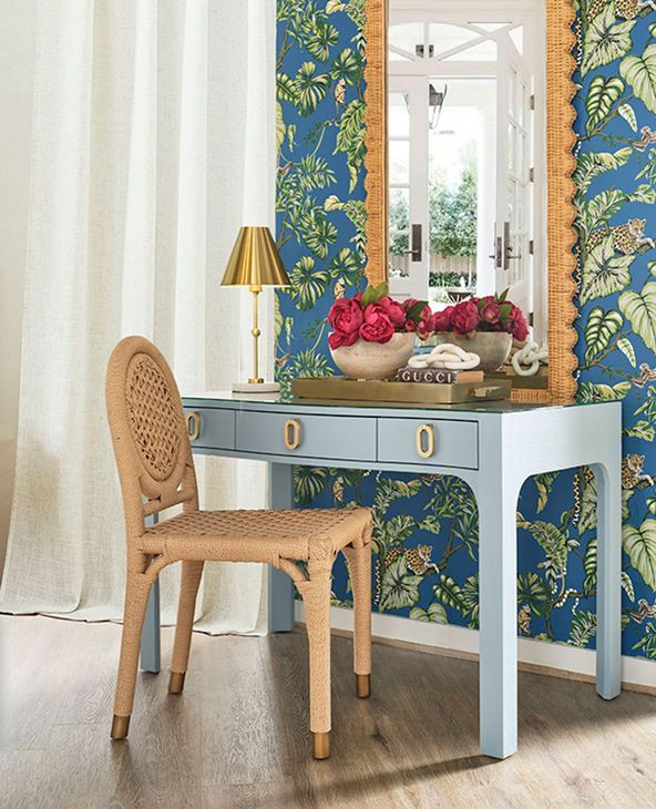 Gladys Light Blue 48" Glass Top Writing Desk with 3 Drawers