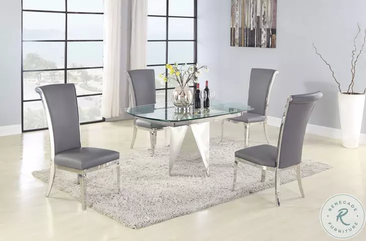 Gloria Clear Glass And Polished Stainless Steel Extendable Dining Room Set with Joy Polish Stainless steel Tall Back Side Chair Set of 2