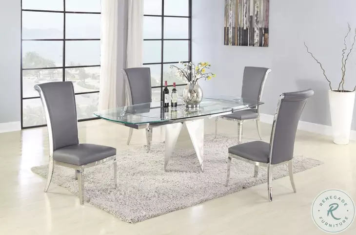 Gloria Clear Glass And Polished Stainless Steel Extendable Dining Room Set with Joy Polish Stainless steel Tall Back Side Chair Set of 2