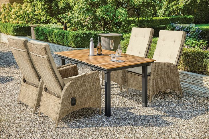 Mackay Gun Metal and Natural Teak 84" Extendable Rectangular Outdoor Dining Room Set